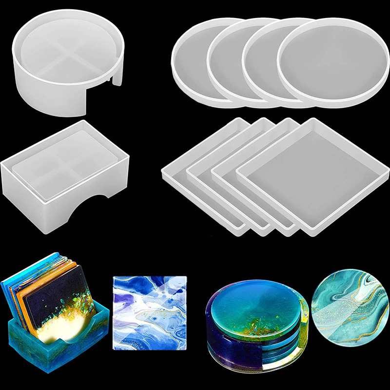 Coaster Mold Square - 5個/セット DIY エポキシ樹脂カップコースター作成用シリコン型、丸型と四角形のコースターシリコン型を含む