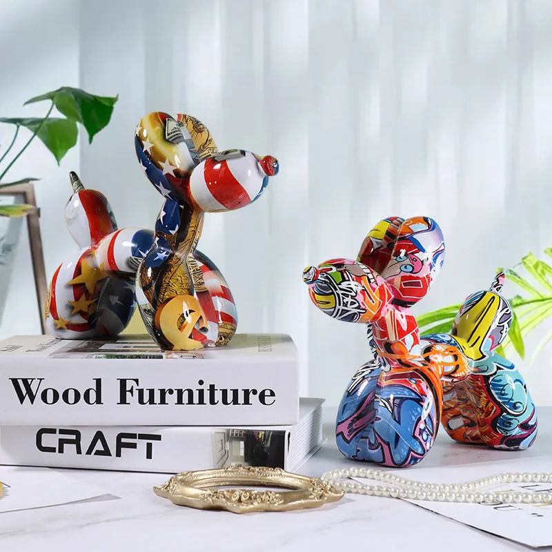 Resin Art Decoration Items - 樹脂製の落書きバルーン犬の置物、動物の像、アートクラフト、室内装飾品、デスクトップ装飾、カラフルな絵画
