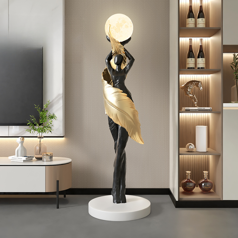 Resin Art Floor - モダンな家の装飾、抽象的な羽根の少女アート彫刻飾り、大型フィギュア像、リビングルームの床飾り、樹脂工芸品ギフト