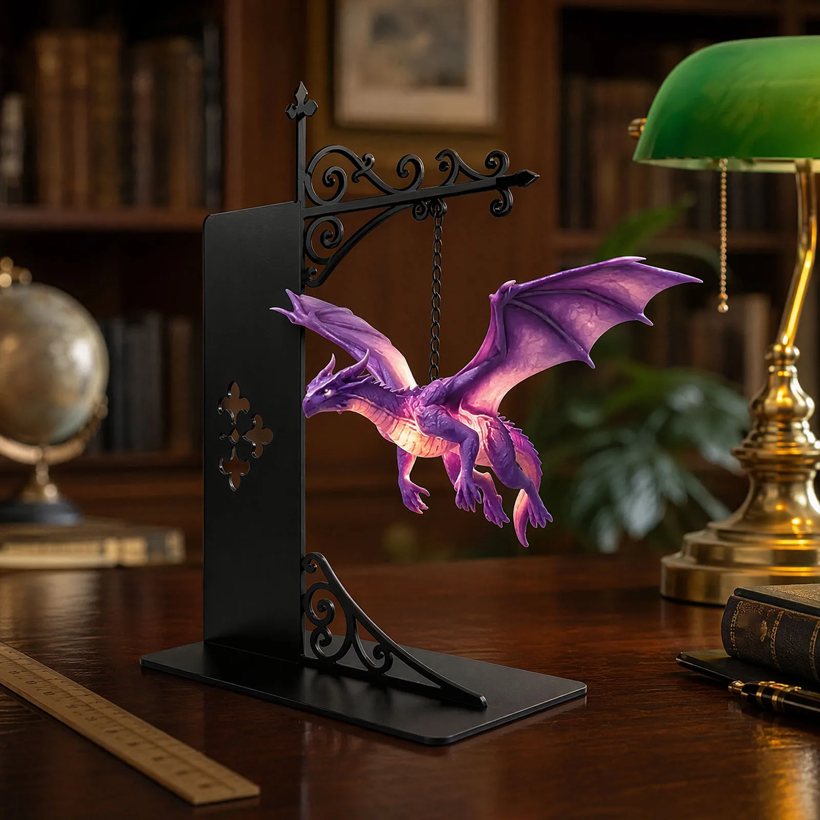 Resin Art Purple - アンビエントライブラリー照明、ヴィンテージ風の紫色のドラゴン型ブックシェルフランプ、クリスマス用、部屋や机の上のブックシェルフに置けるランタンライト、クリスマス。