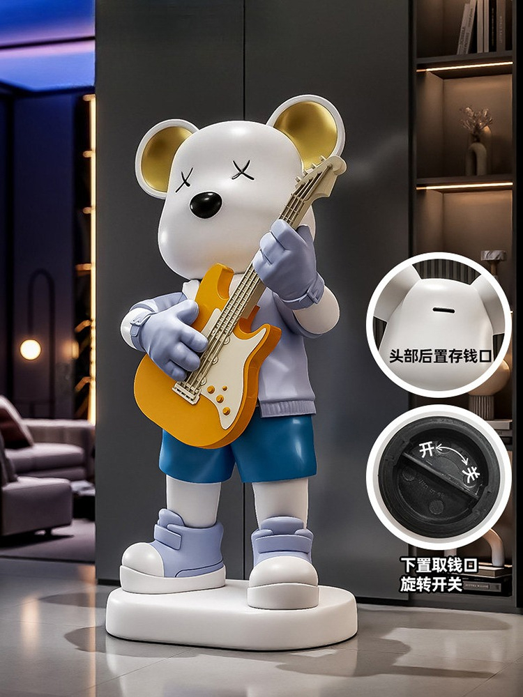 Resin Art Floor - ギター愛を込めたクマの置物貯金箱、床置き、家の装飾、リビングルーム、動物彫刻アート、装飾品、新築祝いギフト、樹脂製フィギュア